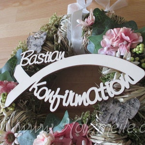 Lettering "confirmation" individualized with name integrated in fish Ichtys made of wood for door wreath, floristry, table decoration