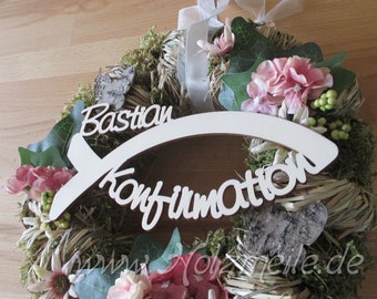 Lettering "Confirmation" individualized with name integrated in fish Ichtys made of wood for door wreath, floristry, table decoration, lasercut