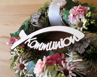 Lettering "Communion" integrated into fish Ichtys made of wood for door wreaths, floristry, table decoration, first communion