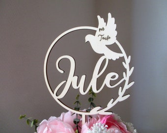 Cake topper for baptism with name, dove and eucalyptus made of wood