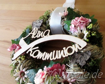 Lettering "Communion" individualized with name integrated into fish Ichtys made of wood WITHOUT door wreath, floristry, first communion, communion decoration