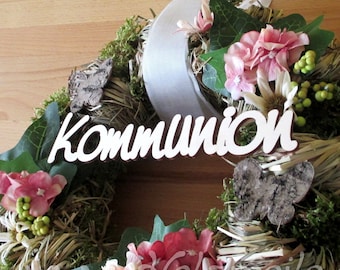 Lettering communion without door wreath, table decoration, floristry, first communion