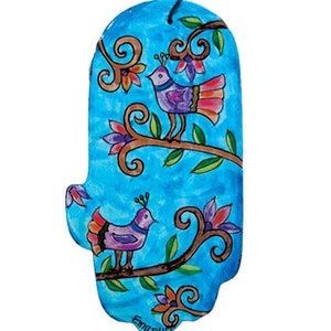 Hamsa Judaica wall art, Good Luck,  Wooden Painted Hamsa, Birds theme, beautiful colorful wooden Hamsa