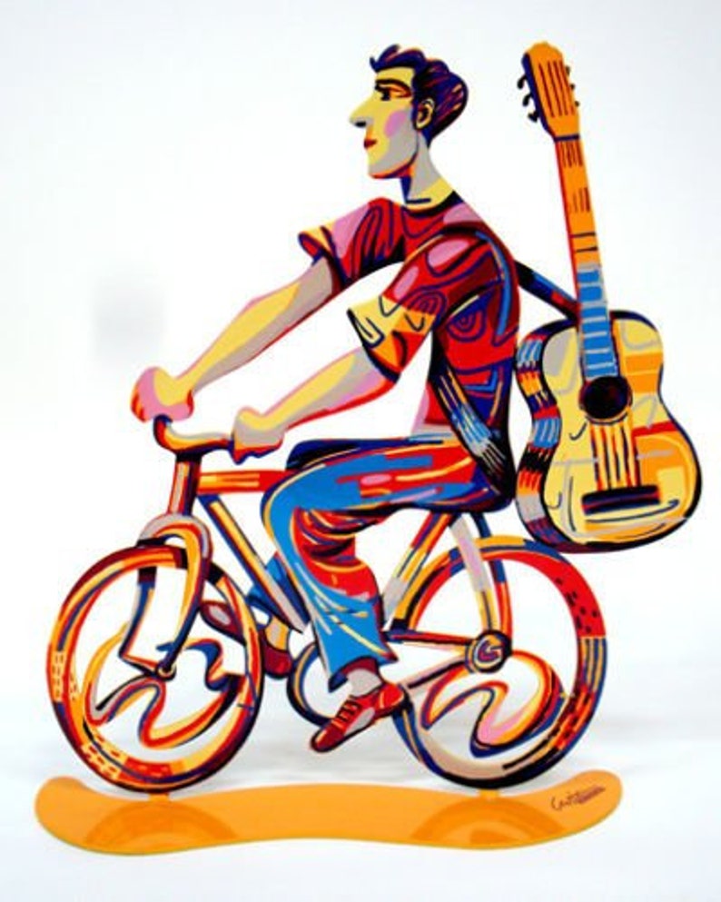 Bicycle, Man on Bike With Guitar, Troubadour, Bike Rider Metal Modern