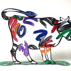 Cow sculpture, David Gerstein Modern Steel Art Nava Cow Contemporary Metal Art Sculpture, colorful sculpture free shipping