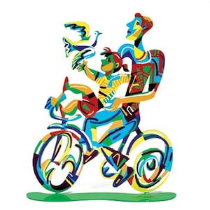 Art sculpture, free standing sculpture, Weekend Ride sculpture, Modern Sculpture, Rider with child, cyclist free shipping
