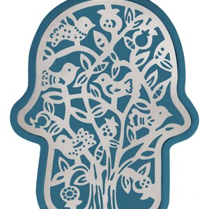 Hamsa Judaica wall art Good Luck Large Brass Silver on Blue, Metal Cutout Brass, Birds tree Hamsa