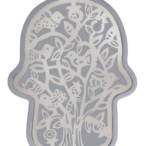 Hamsa Judaica wall art Good Luck Large Brass Silver on Grey, Metal Cutout Brass, Birds tree Hamsa