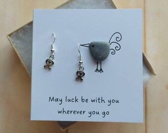 BIRD INDALO DESIGN Lucky Greetings Card Gift in Box ~ Blank Card ~ Sea Glass Greetings Card ~ Pebble Art ~ Indalo Silver Ear Wires