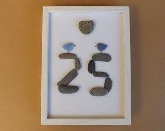 READY Number 25 Age Anniversary Pebble Art Birdies ~ Pebble Sea Glass in Frame ~ Beach ~ Mediterranean Art ~ Pebble Art ~ Ready to Go