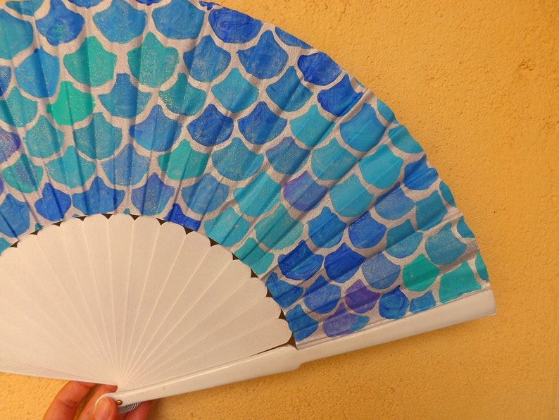 MTO XL Supersize Mermaid Scale Blue White Wood Hand Fan ~ Traditional Spanish Fan Wood Fabric ~ Made to Order Folding Fan