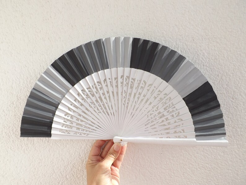 Wood Fabric ~ Made to Order MTO Std White Fret Three Tone Grey Wooden Hand Fan ~ Traditional Spanish Fan Folding Fan