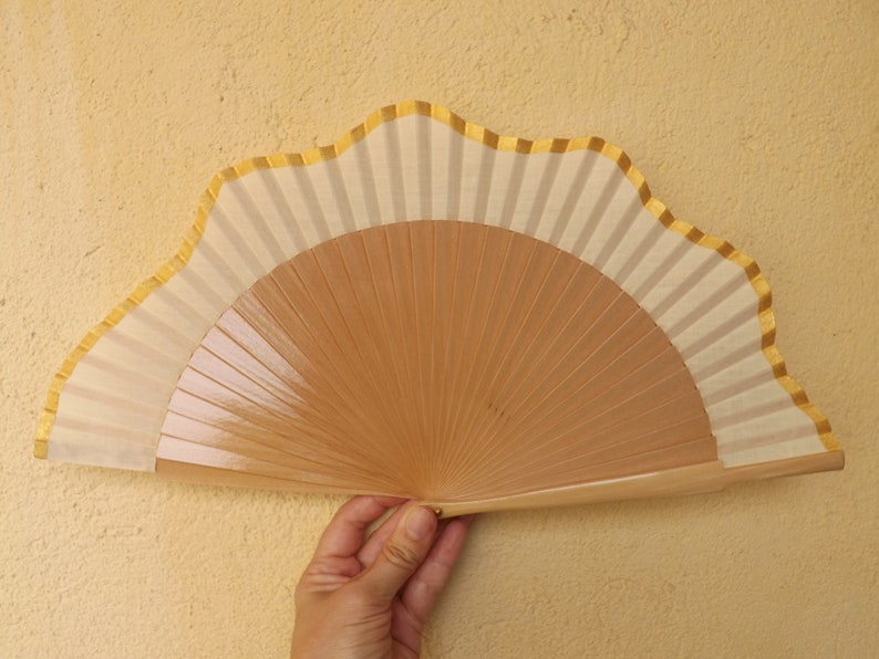 Folding Fan Wood Fabric ~ Made to Order MTO Std Scallop Gold Natural Wooden Hand Fan ~ Traditional Spanish Fan