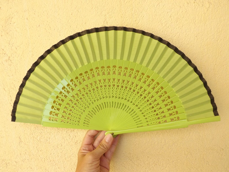 Folding Fan Spanish Fan Wood Fabric ~ Ready to Ship Wedding Fan Std Green Fret Black Hand Fan ~ Wood Handheld Fan Paint Fan