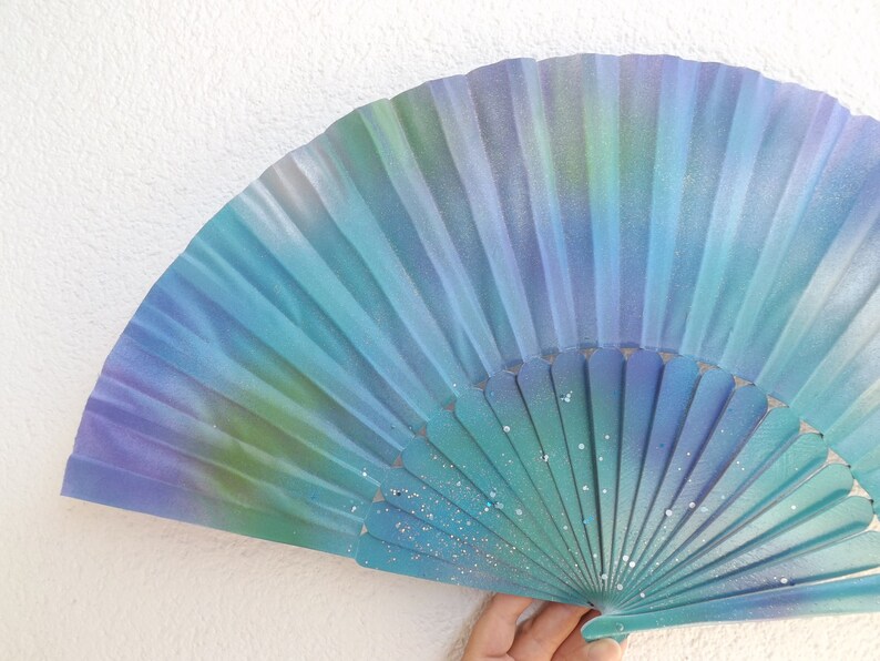 MTO XL Supersize Mermaid Sea Colors Glitter Hand Fan ~ Drag Fan ~ Thwoorp Fan ~ Pericon Wood Fabric Fan ~ Made to Order