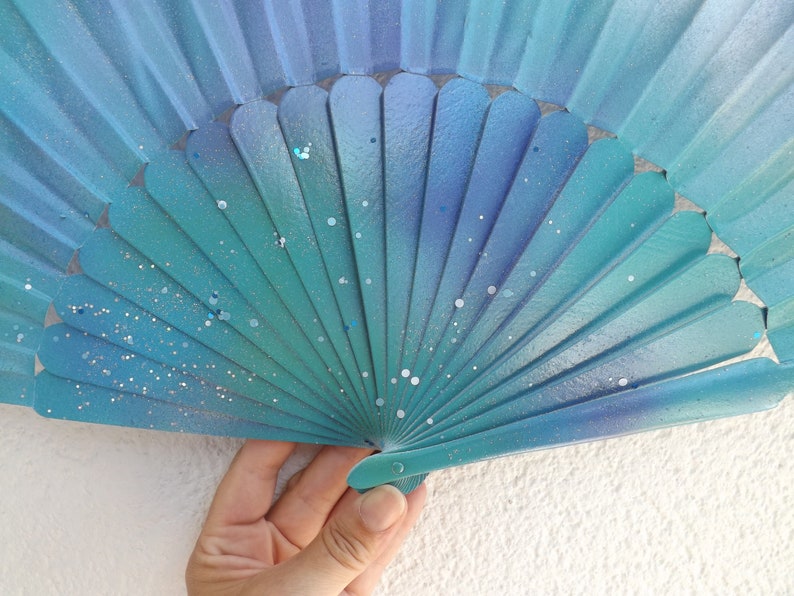 MTO XL Supersize Mermaid Sea Colors Glitter Hand Fan ~ Drag Fan ~ Thwoorp Fan ~ Pericon Wood Fabric Fan ~ Made to Order