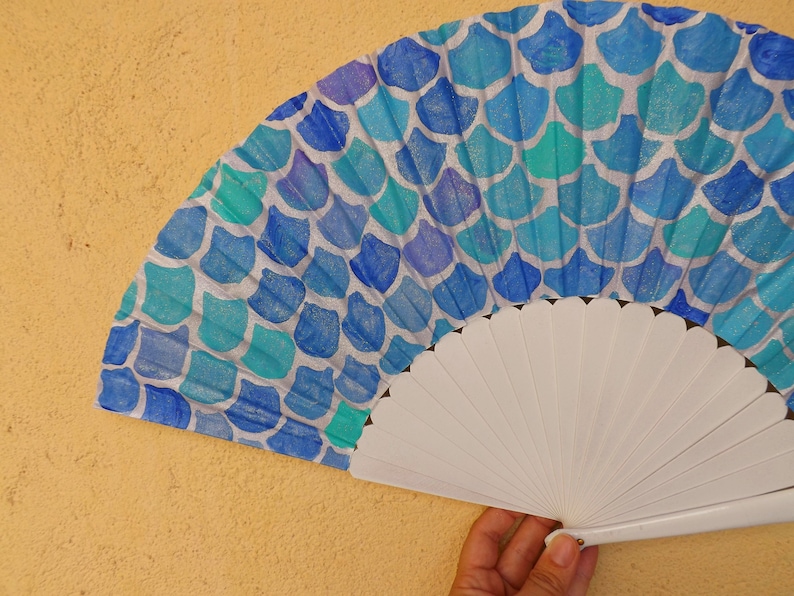 MTO XL Supersize Mermaid Scale Blue White Wood Hand Fan ~ Traditional Spanish Fan Wood Fabric ~ Made to Order Folding Fan