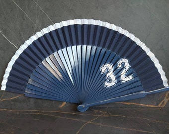 READY Std Navy 32 Number Hand Fan ~ Wood Handheld Fan - Paint Fan - Wedding Fan -  Spanish Fan - Folding Fan - Wood Fabric ~ Ready to Ship
