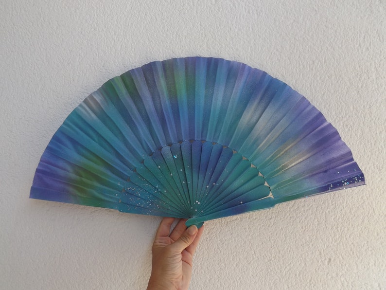 MTO XL Supersize Mermaid Sea Colors Glitter Hand Fan ~ Drag Fan ~ Thwoorp Fan ~ Pericon Wood Fabric Fan ~ Made to Order