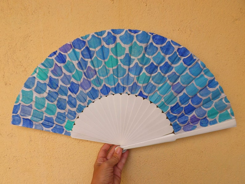 MTO XL Supersize Mermaid Scale Blue White Wood Hand Fan ~ Traditional Spanish Fan Wood Fabric ~ Made to Order Folding Fan