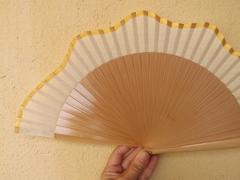 Folding Fan Wood Fabric ~ Made to Order MTO Std Scallop Gold Natural Wooden Hand Fan ~ Traditional Spanish Fan