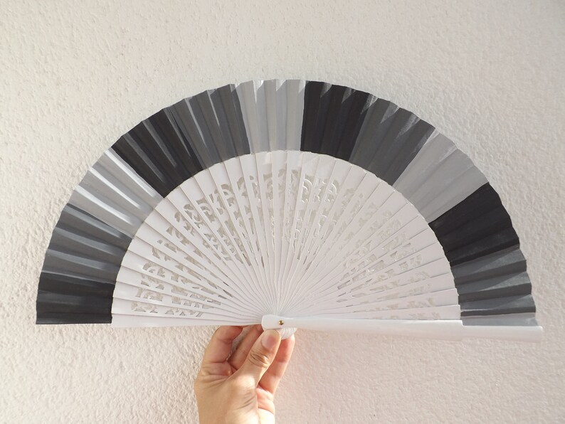 Wood Fabric ~ Made to Order MTO Std White Fret Three Tone Grey Wooden Hand Fan ~ Traditional Spanish Fan Folding Fan