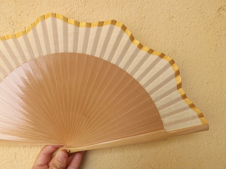 Folding Fan Wood Fabric ~ Made to Order MTO Std Scallop Gold Natural Wooden Hand Fan ~ Traditional Spanish Fan