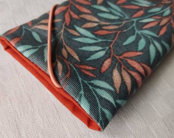 Mobile phone case sewn to your desired size, oilcloth, washable, leaves, branches, rubber fastener, free shipping :)