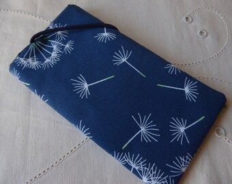 Dandelions, mobile phone case sewn to your desired size made of designer fabric with large dandelion flowers in dark blue & brown with rubber fastener