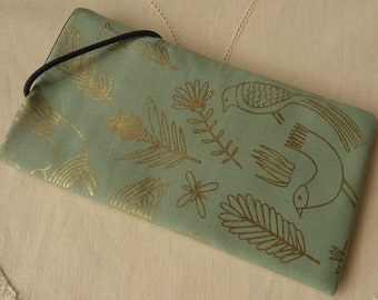 gold-colored, sewn to your desired size cell phone case with rubber fastener, flowers, birds, grasses