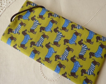 Dachshund, mobile phone case sewn to your desired size, dog four-legged friend colorful mustard yellow black, striped dog sweater, with elastic closure