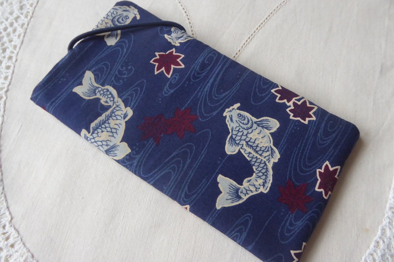 Mobile phone Bag koiNishikigoi sewn to desired dimension, Japan, Japanese, fish, water lilies, pond, blue, woman Sunday, free shipping: