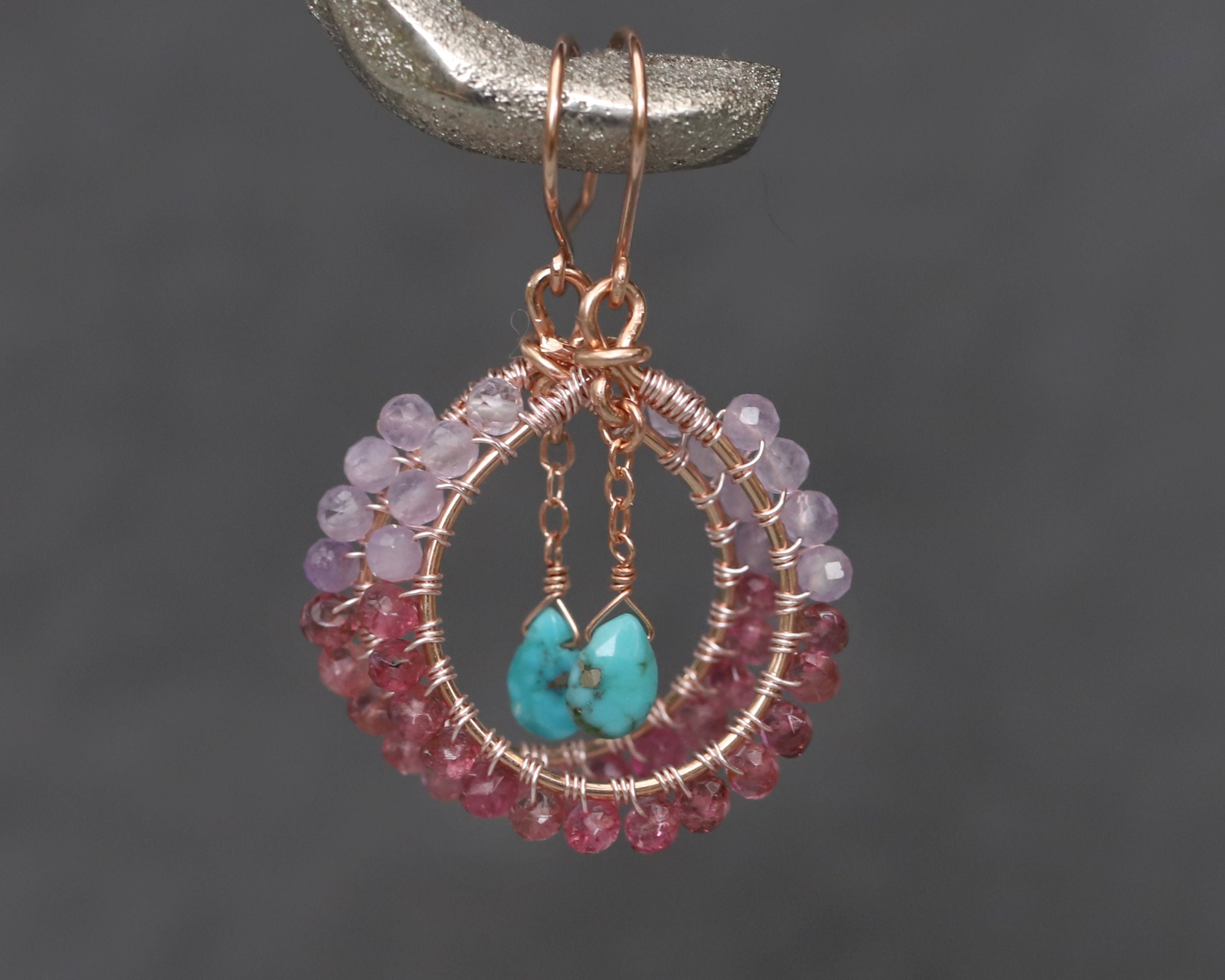Beaded Hoop Earrings • Turquoise Boho Jewelry • Rainbow Ombre Earrings