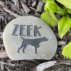 May include: A gray stone with the name "ZEek" engraved on it. A black silhouette of a dog is also engraved on the stone.