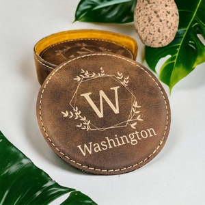 Personalized leather coasters set (6) w/holder, Engraved coasters, Third Anniversary, Custom Made Coasters, Vegan Leather Coaster set