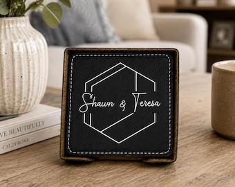 Personalized leather coasters set of 6 w/holder, Custom Engraved Coaster set, Traditional 3rd Anniversary gift, Modern 9th Anniversary gift