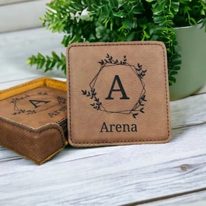 Personalized leather coasters set of 6 w/holder, Custom Coaster set Engraved coasters, Leatherette Coasters, 3rd Anniversary leather coaster image 7