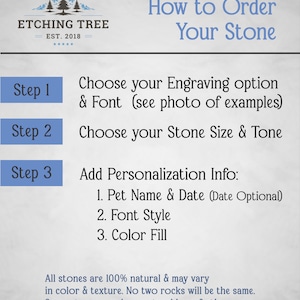 May include: A guide titled "How to Order Your Stone" with instructions for personalized stone engraving. The steps include choosing engraving options, stone size, and personalization details like pet name, font, and color fill. The Etching Tree logo is at the top.