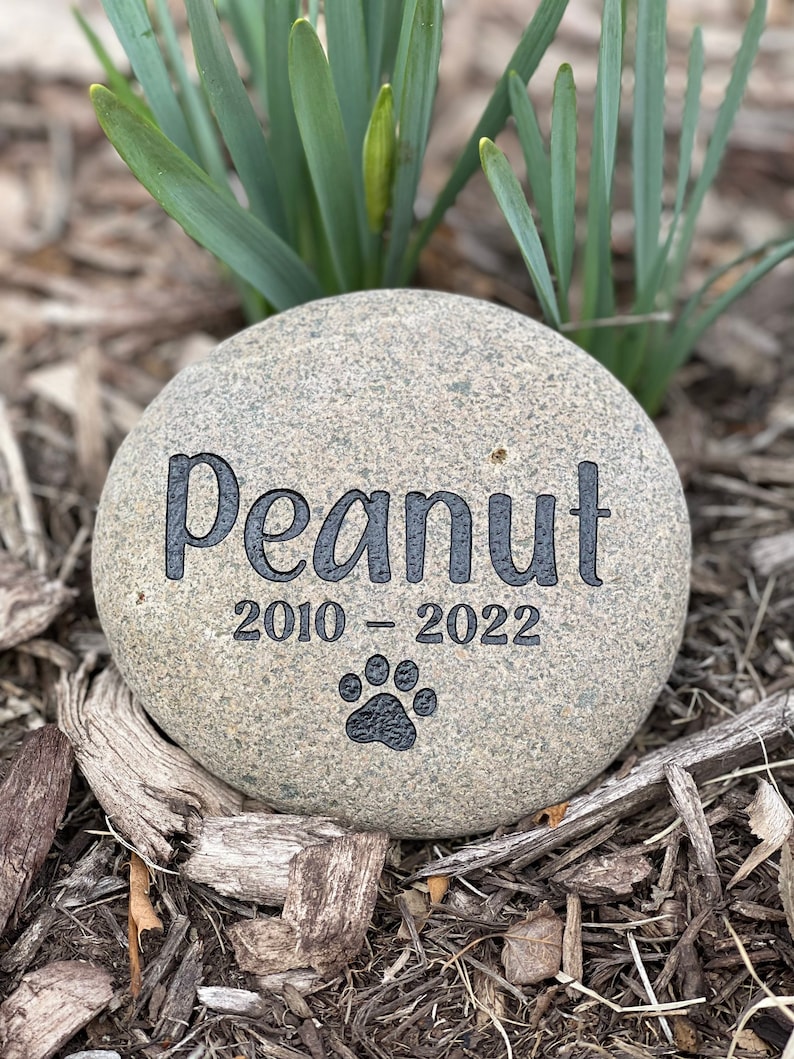 May include: A round, gray stone memorial with the name "Peanut" engraved in black, along with the years "2010 - 2022" and a paw print. The stone is set in a garden bed with green plants.