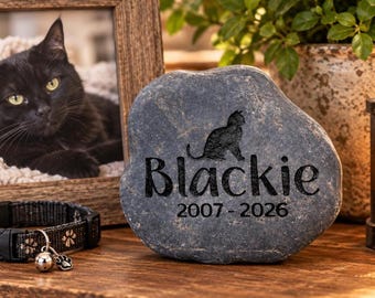 Personalized Pet Memorial Stone, Silhouette Engraved Cat Keepsake, Pet Loss Rock, Gravestone/Headstone Remembrance Gift, Tribute Beloved Pet