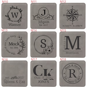 May include: A grid of nine square grey coasters featuring various laser-engraved designs, including monograms, names, dates, floral wreaths, and a compass rose. Each coaster is labelled with a red code from M10 to M18 in the top left corner.