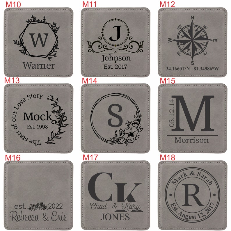 May include: A grid of nine square grey coasters featuring various laser-engraved designs, including monograms, names, dates, floral wreaths, and a compass rose. Each coaster is labelled with a red code from M10 to M18 in the top left corner.