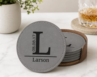 Personalized Vegan Leather Coaster Set, Engraved Anniversary Gift