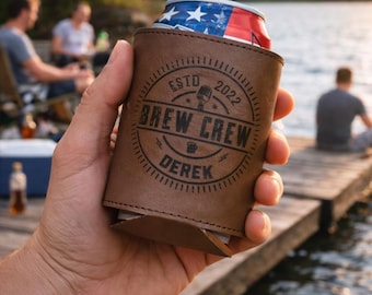 Personalized Can Cooler | Custom Vegan Leather Koozie | Groomsmen Gift | Wedding Favor | Engraved 12oz Can Holder