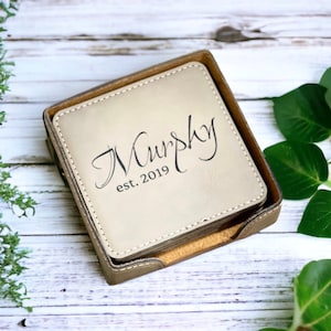 Personalized leather coasters set of 6 w/holder, Custom Coaster set Engraved coasters, Leatherette Coasters, 3rd Anniversary leather coaster
