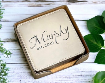 Personalized leather coasters set of 6 w/holder, Custom Coaster set Engraved coasters, Leatherette Coasters, 3rd Anniversary leather coaster