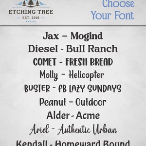 May include: A graphic with the text "Choose Your Font" in blue, and a list of font names with sample text. The Etching Tree logo is at the top left. The fonts include Jax, Diesel, Comet, Molly, Buster, Peanut, Alder, Ariel, and Kendall.
