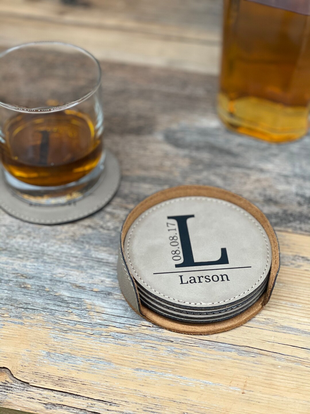Personalized Leather Coasters Set 6 W/holder Engraved Etsy