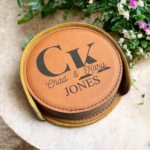 3rd Anniversary, Personalized round leather coasters set of 6 w/holder, Custom coasters, engraved coasters, housewarming gift, wedding gift