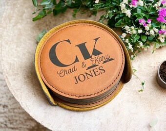 3rd Anniversary, Personalized round leather coasters set of 6 w/holder, Custom coasters, engraved coasters, housewarming gift, wedding gift